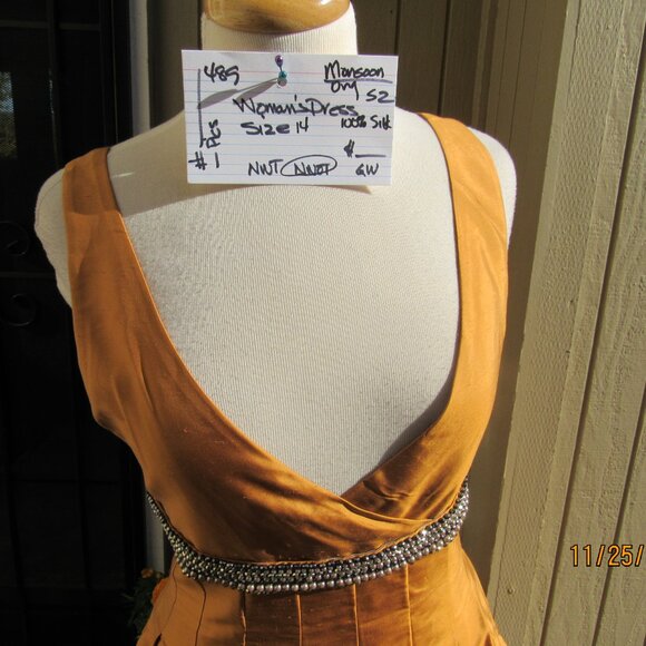 #489  NEW WOMAN'S GOLDEN SILK FORMAL DRESS BY MONSOON  (SIZE 14) - Picture 2 of 5